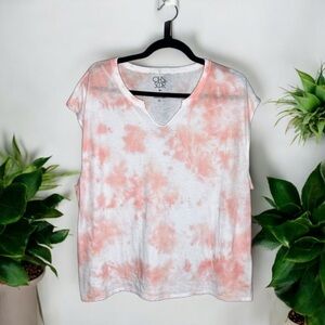 ☀️Chaser x Anthropologie White Peach Tie Dye Notch Neck Sleeveless Tee Size XL